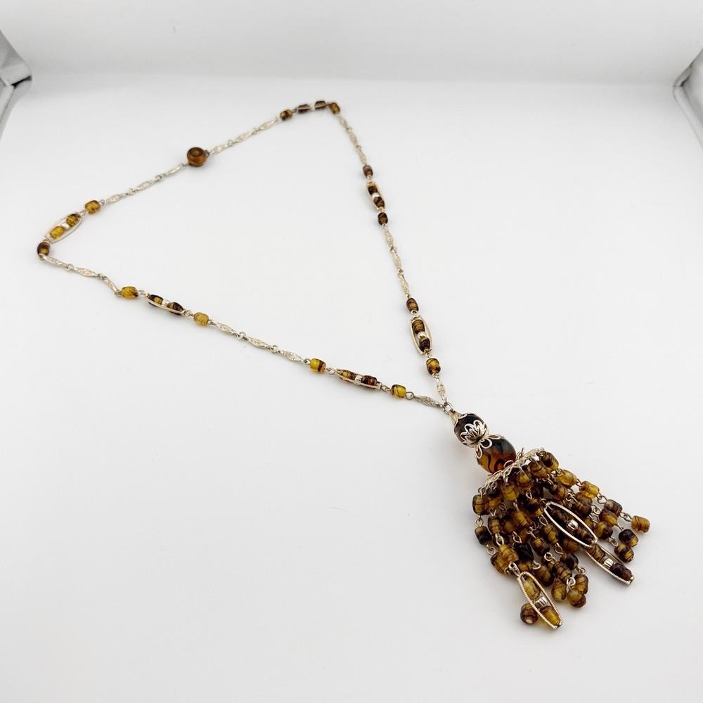 Vintage Japan Amber Glass Bead Tassel Necklace Gold Tone Filigree‎